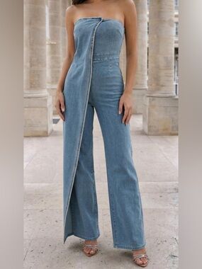 STRETCH Strapless LIGHT Blue Denim Jumpsuit with Rhinestone Trim